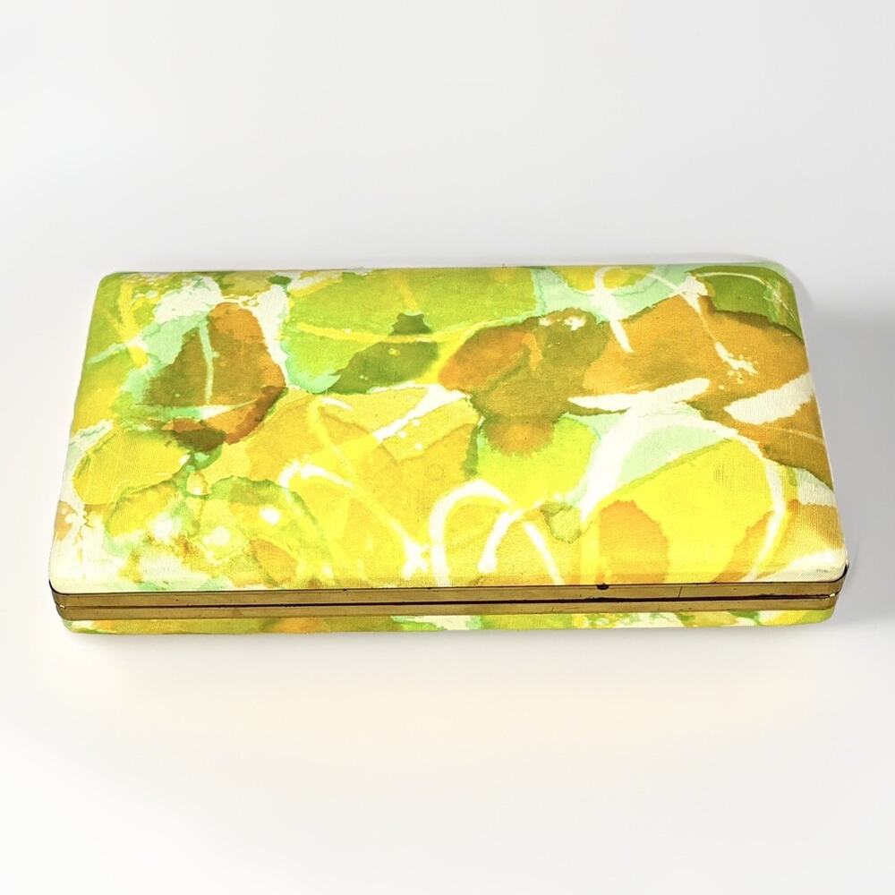 Vintage MELE Abstract Floral Yellow Green Jewelry Box Earring Travel Case
